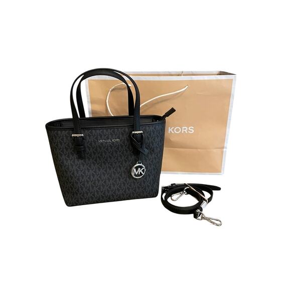 Michael Kors Jet Tote Bag Black Saffiano Logo Purse Satchel Handbag MK Charm - Picture 1 of 11